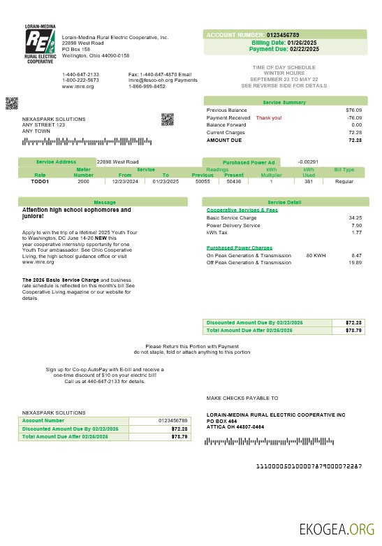 USA Ohio Lorain Medina Rural Electric modèle de facture de services publics aux formats Word et PDF